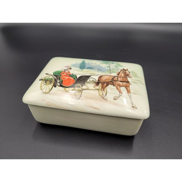 VTG Ceramic Trinket Box Dish Lidded Transfer Lady Horse Buggy Handmade - Picture 2 of 8